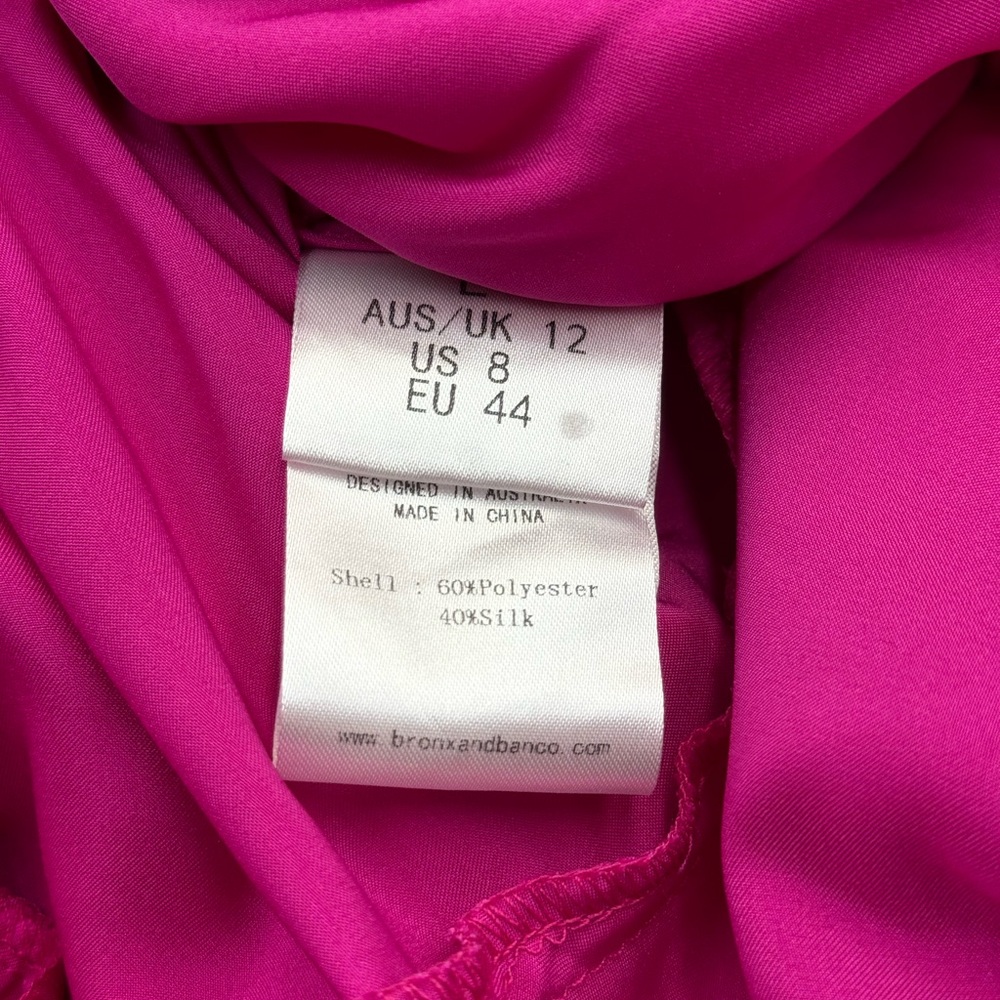🆕 BRONX & BANCO 🧿 NWOT Bedouin V-Neck Ruffle Mini Dress, Pink Silk - Size L - Picture 14 of 15